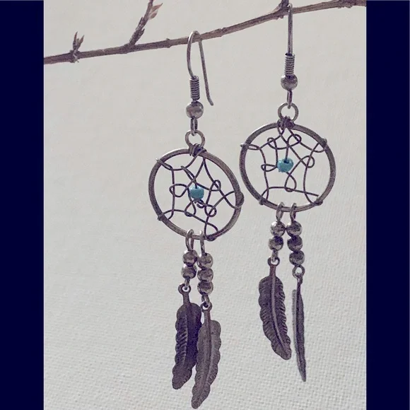 Dream Catcher Earrings Silver Tone/blue bead & dangle silver tone feathers - Picture 2 of 4